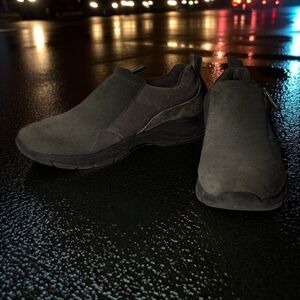 Lands' End Women's Grey & Dark Olive Green Leather Slip-On Loafers Size 7.5